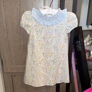 Edgehill Collection Cream Floral Dress with Light Blue Smocked Collar